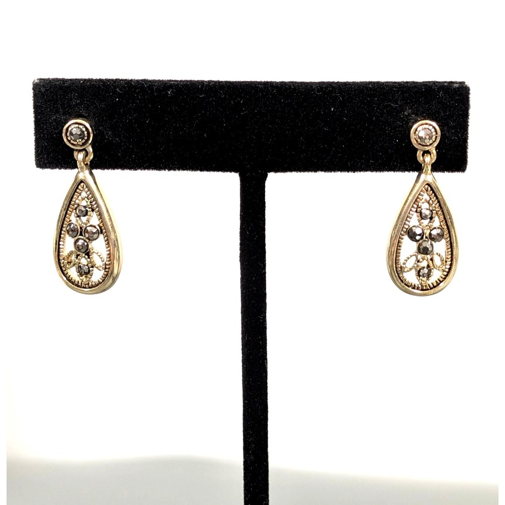 Victorian Style Filigree Teardrop Earrings Gold Tone Faux Marcasite